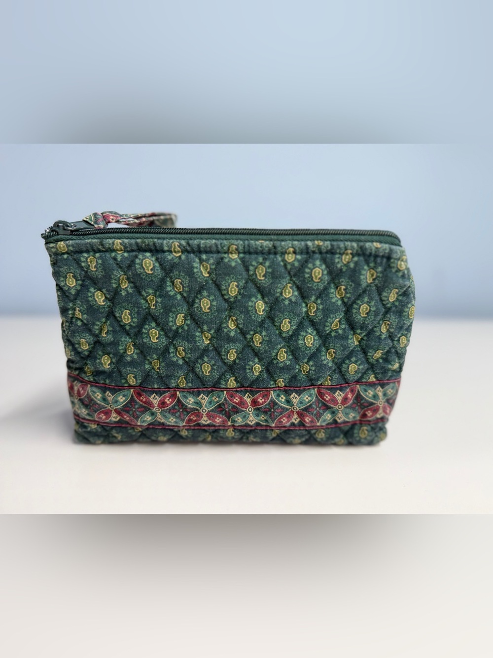 Vintage Vera Bradley Quilted Green Paisley Trim Cosmetic Pouch